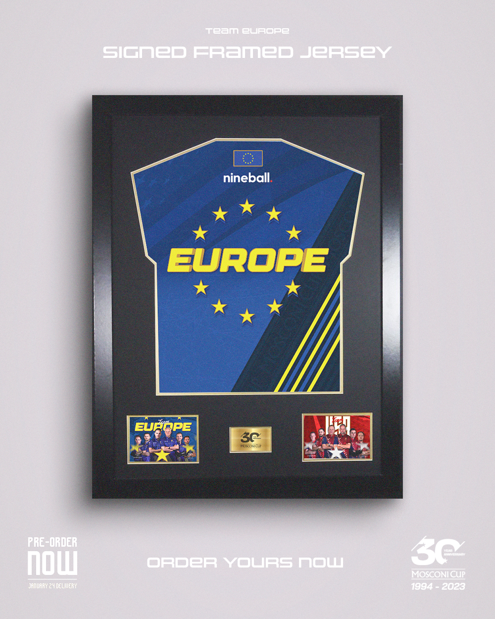 Signed Framed Team Europe Jersey - 30th Anniversary Mosconi Cup 2023